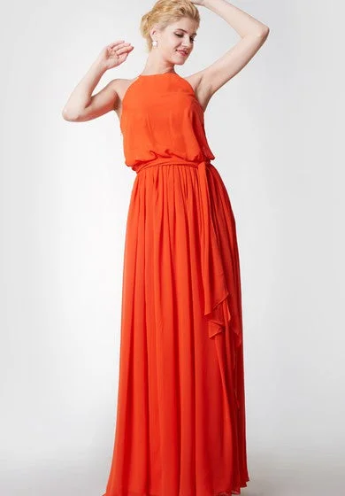 Sleeveless Pleated High Neck Chiffon Dress With Sash