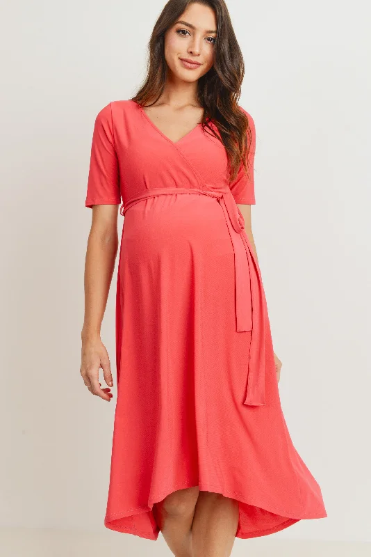 Solid Tie Waist High-Low Maternity/Nursing Dress