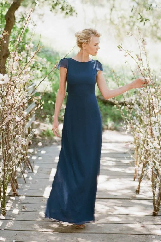 Straight Long Navy Bridesmaid Gown with Capped Sleeves