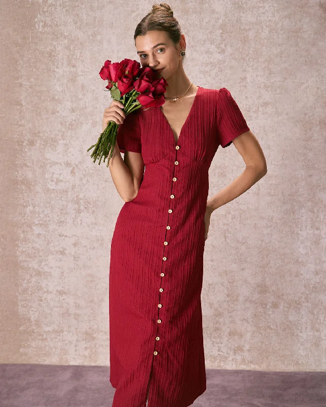 The Red V Neck Shirred Puff Sleeve Midi Dress