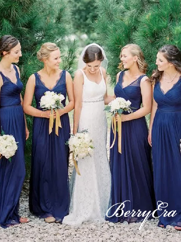 V-neck Lace Chiffon A-line Long Bridesmaid Dresses