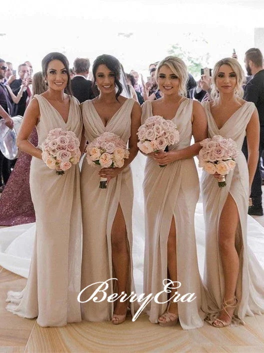 V-neck Side Slit Chiffon Long Bridesmaid Dresses