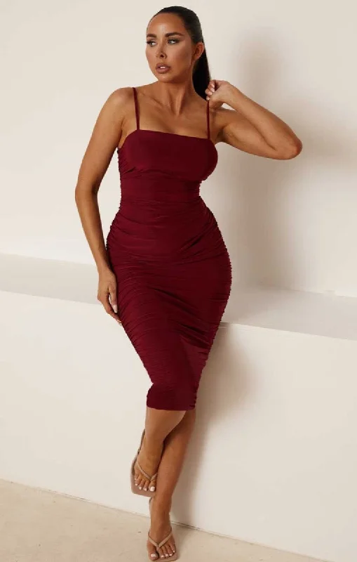 Wine Slinky Ruched Thin Strap Midi Dress - Vienna