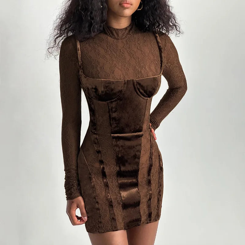 Lace Patchwork Slim Bodycon Autumn Winter Nightclub Sexy Party Mini Dress