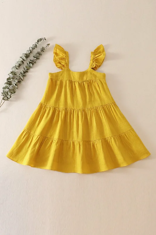 Mustard tiered ruffle linen dress