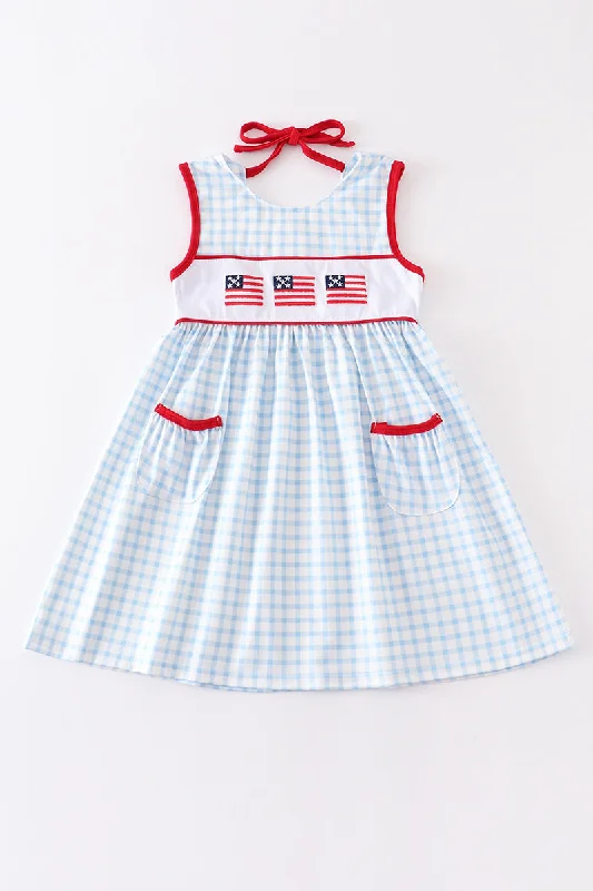 Patriotic flag embroidery plaid pocket dress