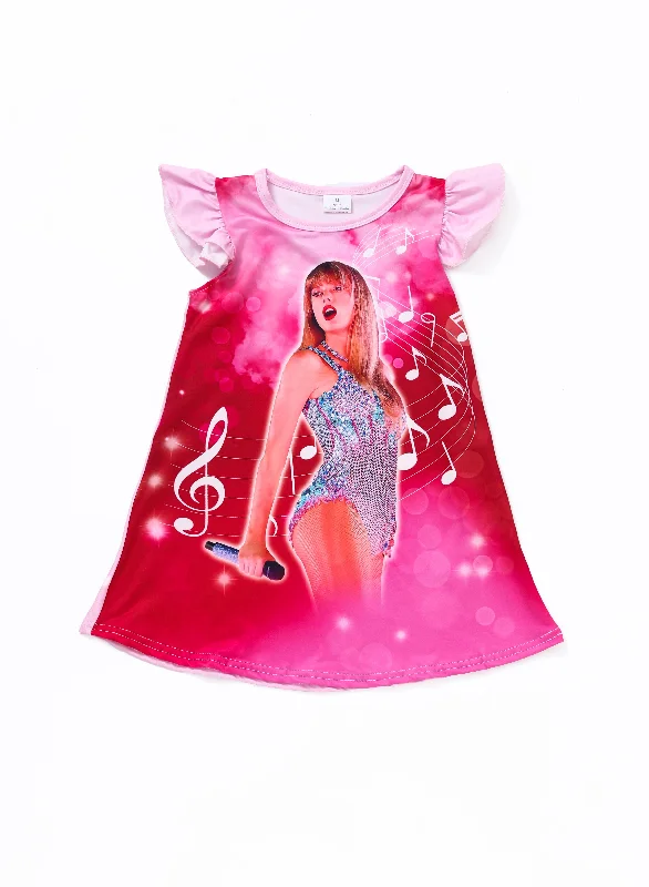 Pink music fan print ruffle dress