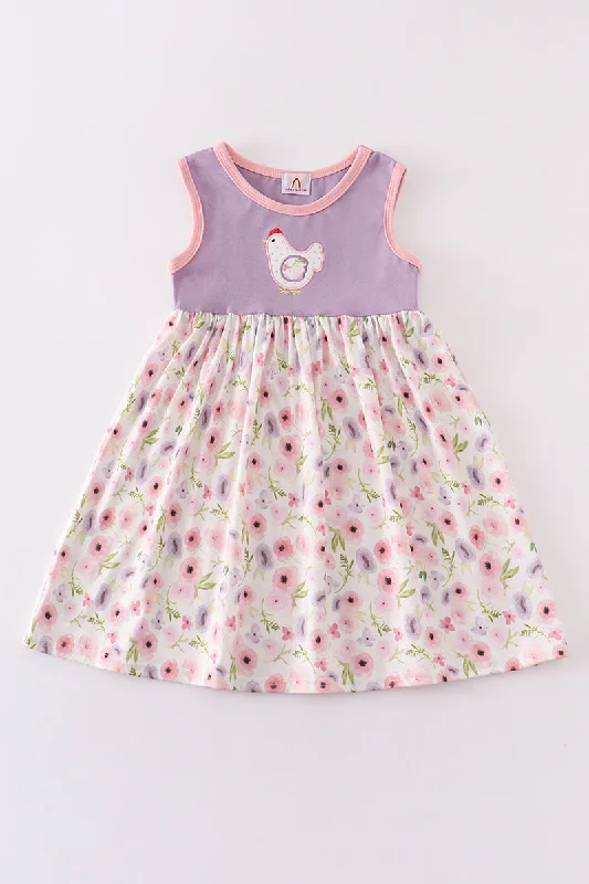 Purple floral print chicken applique dress