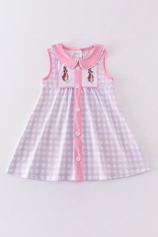 Purple plaid bunny embroidery dress