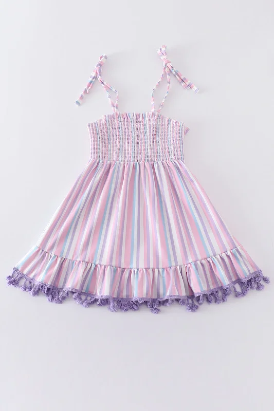 Purple stripe smocked strap dress