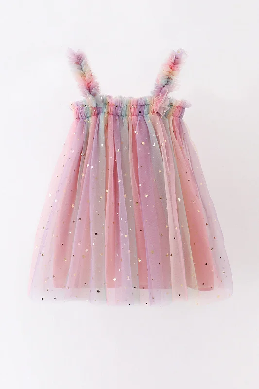 Rainbow star strap tulle dress