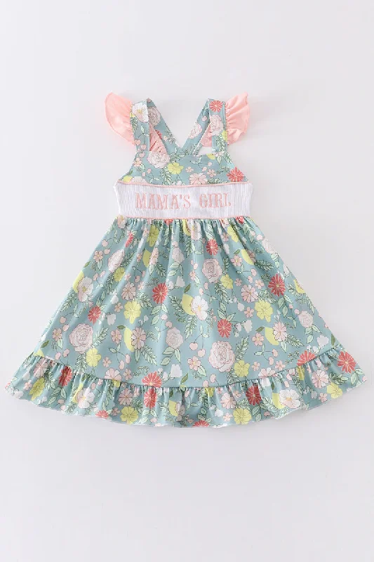 Sage floral print MAMA's GIRL smocked dress