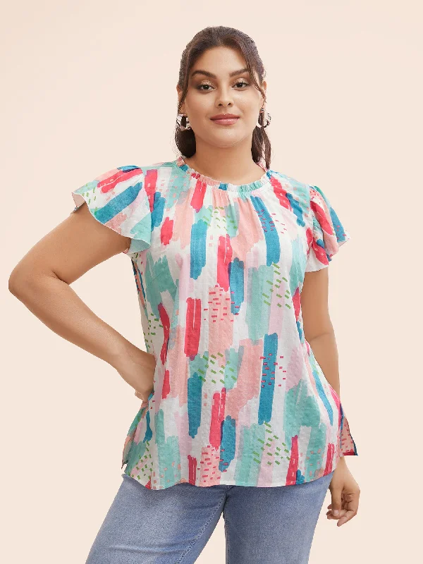 Brush Print Split Side Cap Sleeve Blouse