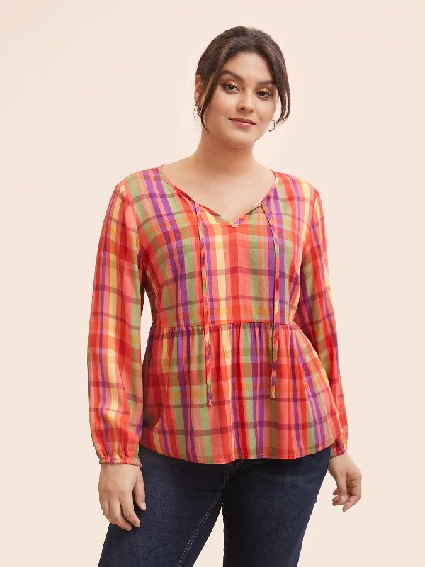 Colored Plaid Tie Knot Ruffle Hem Blouse