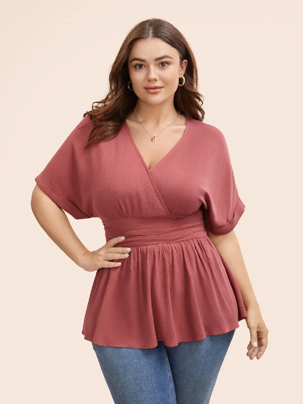 Deep V Neck Shirred Roll Sleeve Blouse