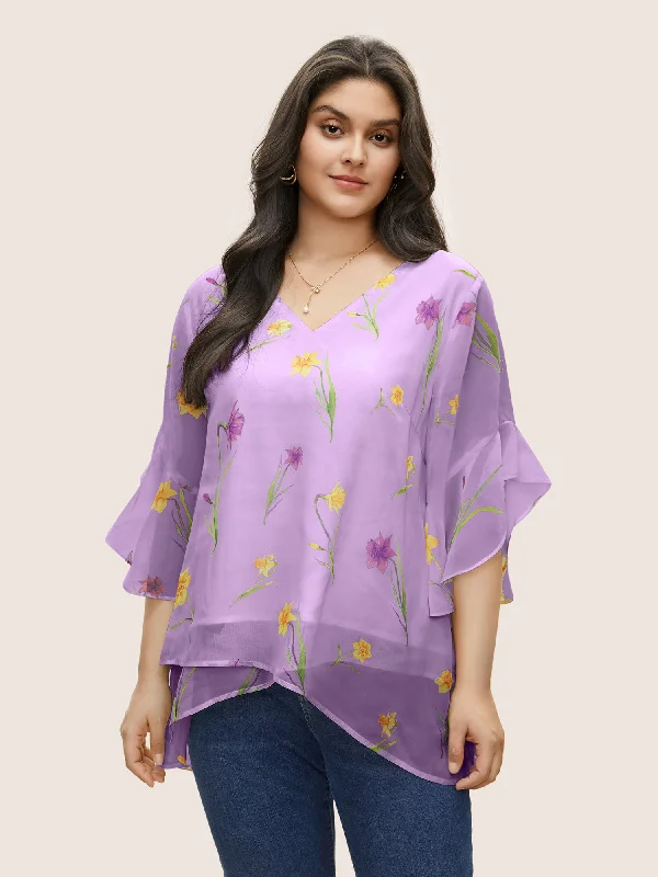 Floral Tiered Mesh Asymmetrical Hem Blouse