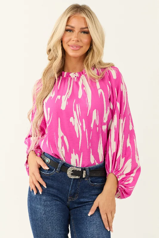 Fuchsia Abstract Print Long Puff Sleeve Top