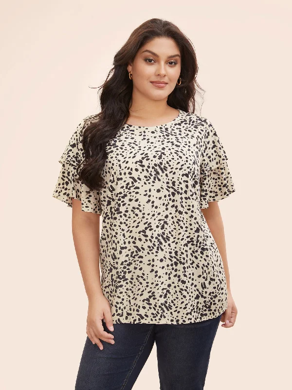 Leopard Crew Neck Ruffle Tiered Sleeve Blouse