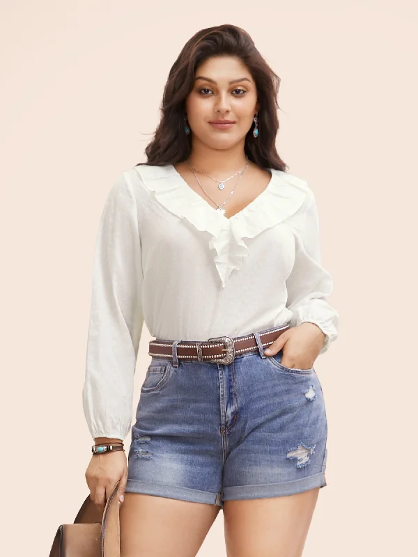 Pure Cotton Textured Ruffled Neckline Blouse