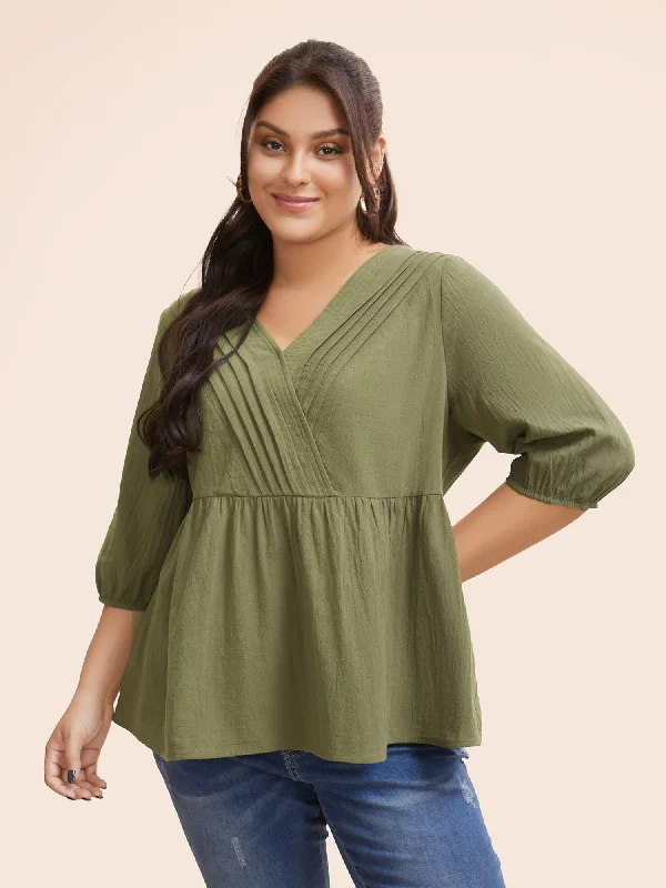 Solid Lantern Sleeve Pleated Blouse