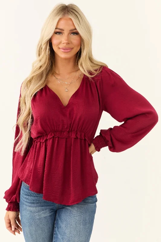 Wine V Neck Babydoll Ruffle Long Sleeve Top