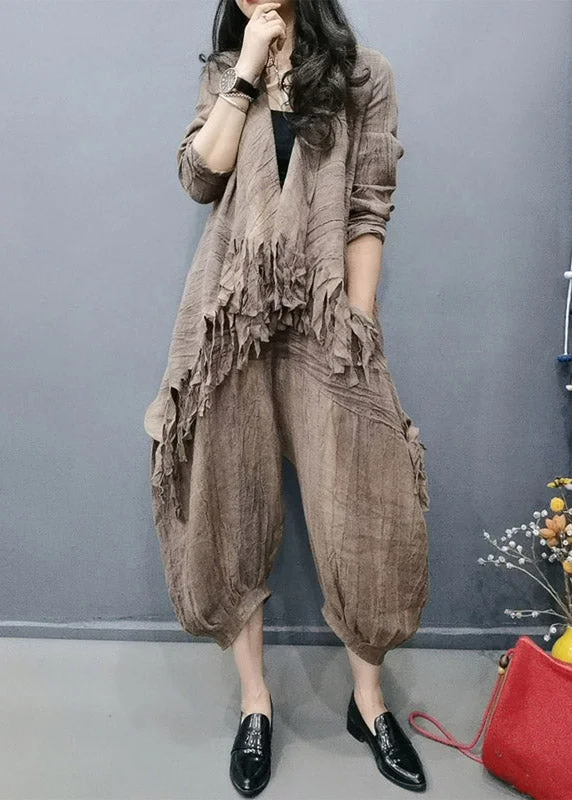 Retro Coffee V Neck Tasseled Wrinkled Linen Coats And Lantern Pants Two Pieces Set Spring