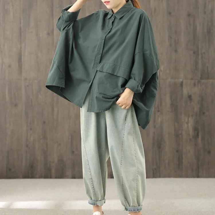 Unique blackish green tunics for women lapel Button Down top