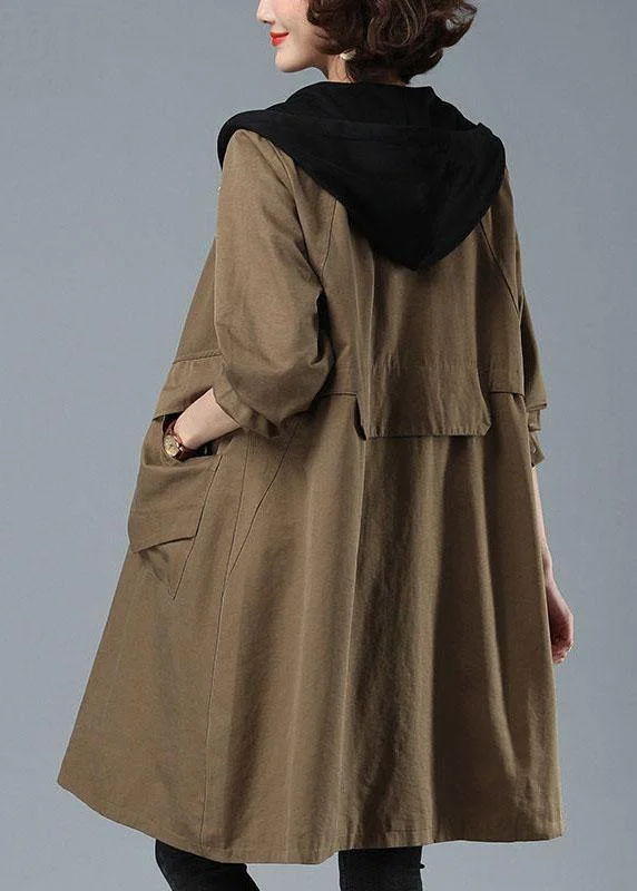 Unique Khaki Loose Patchwork Pockets Fall Hoodie Coat