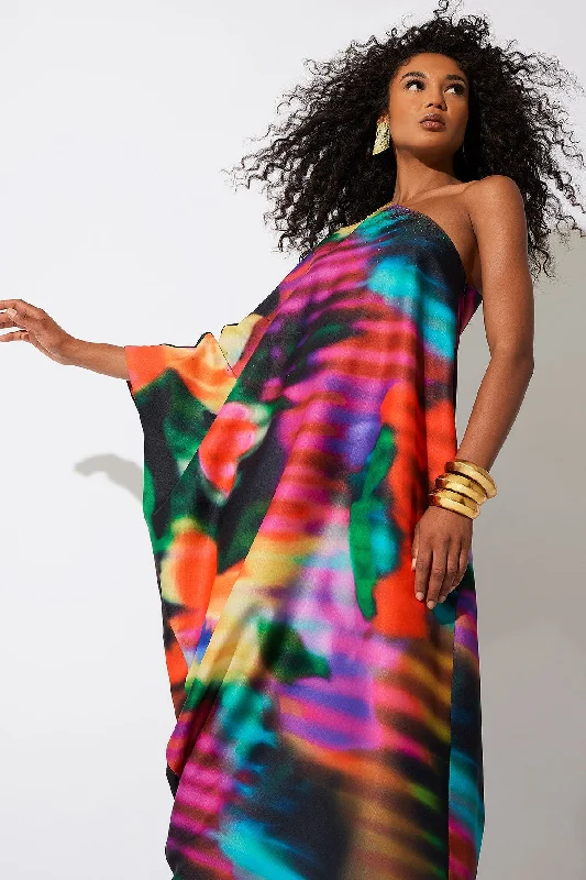 Floral Mirage Printed Rayon One Shoulder Caftan