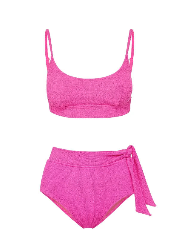 Erika Top + Side Tie High Waist Bottom in Shocking Pink Texture