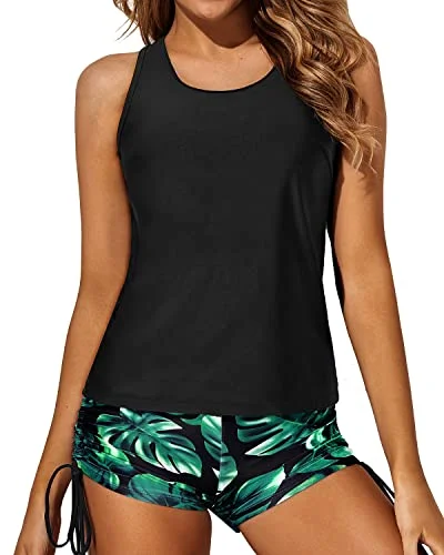 Women's Athletic Swimwear Tank Top Boy Shorts And Bra-Black Leaf