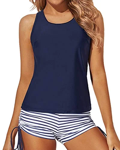 Women's O-Ring Detail Tankini Swimsuits Boy Shorts And Bra-Blue White Stripe