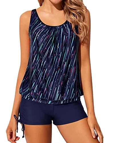 Women's Blouson Tankini Swimwear Adjustable Shoulder Straps-Navy Blue